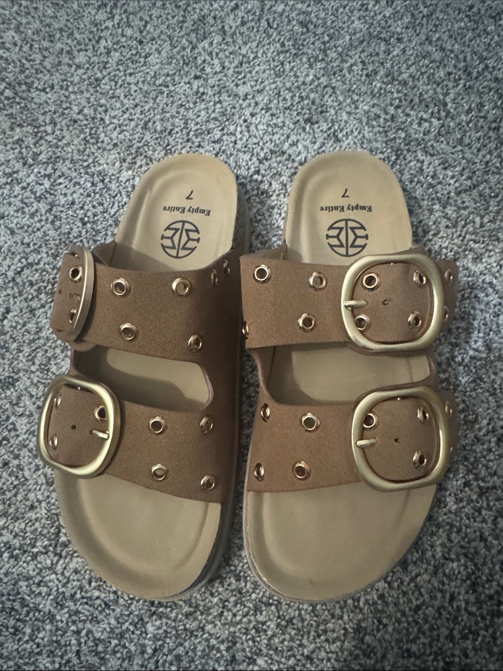 Women’s Tan Double-Buckle Slide Sandals with Grommet Detail